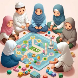 Muslim children playing an Islamic board game, fostering learning and fun through interactive play