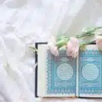 blue and white book on white and pink floral textile