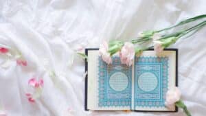 blue and white book on white and pink floral textile
