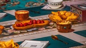 a table topped with bowls filled with food