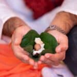 a person holding a green object