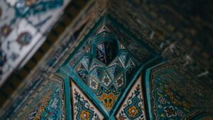 blue and white floral textile