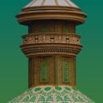 A tall building with a white and green roof